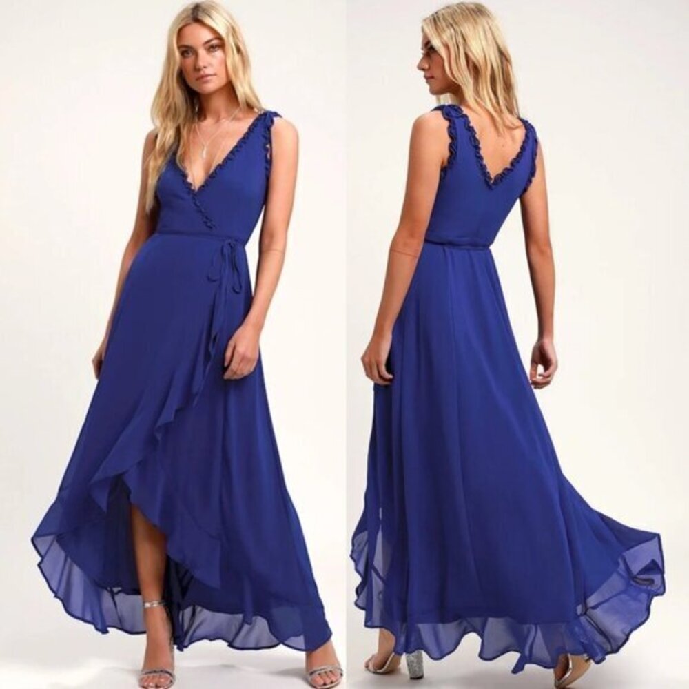 Lulus Juliette Cobalt Blue Ruffled High-Low Wrap Dress